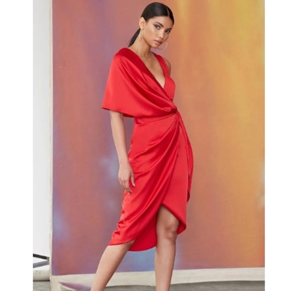NWT THEIA Candace Red Satin Asymmetric Wrap Cocktail Dress MSRP $545